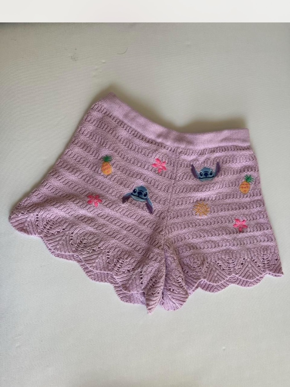 Disney Lilac Crochet Knit Shorts with Embroidered Stitch Accents